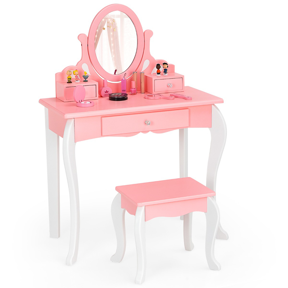 Costway Kids Pink Vanity Table and Chair Set with Rotatable Mirror Image 5