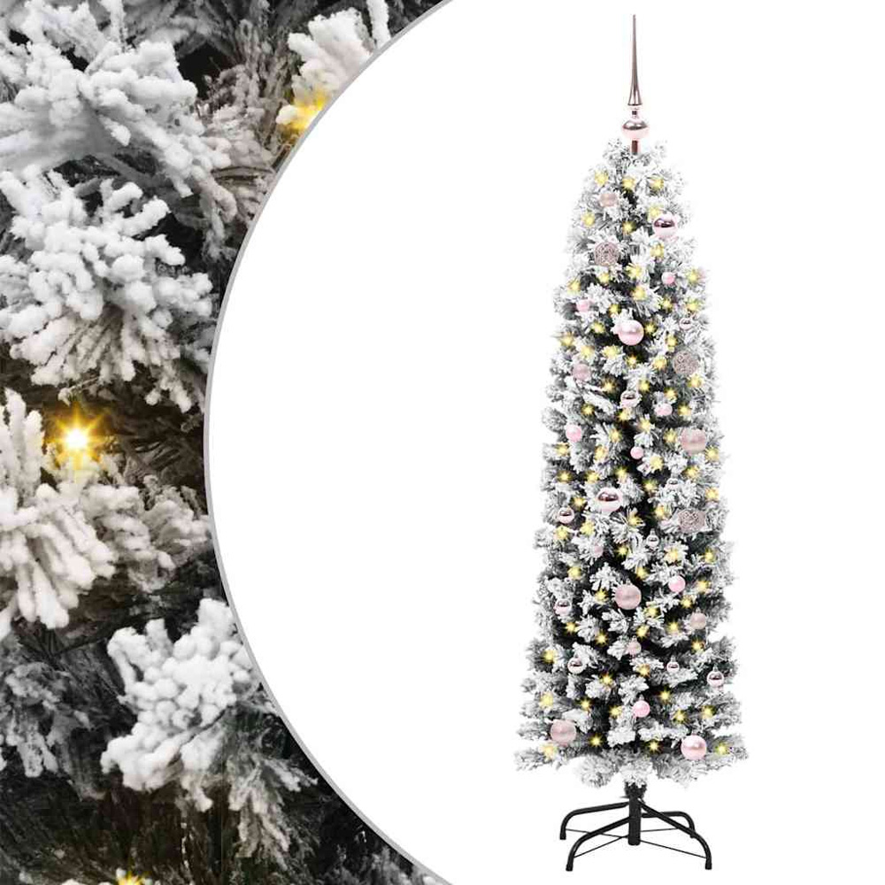 vidaXL Green Snow Flocked Artificial Christmas Tree with LEDs Pink Decoration Ornaments 5ft Image 2