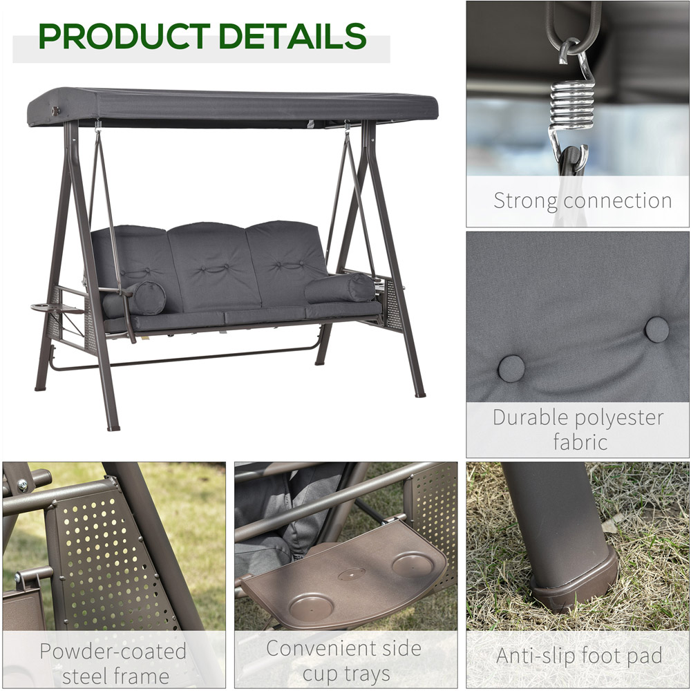 Outsunny 3 Seater Dark Grey Swing Chair with Canopy and Cup Tray Image 6