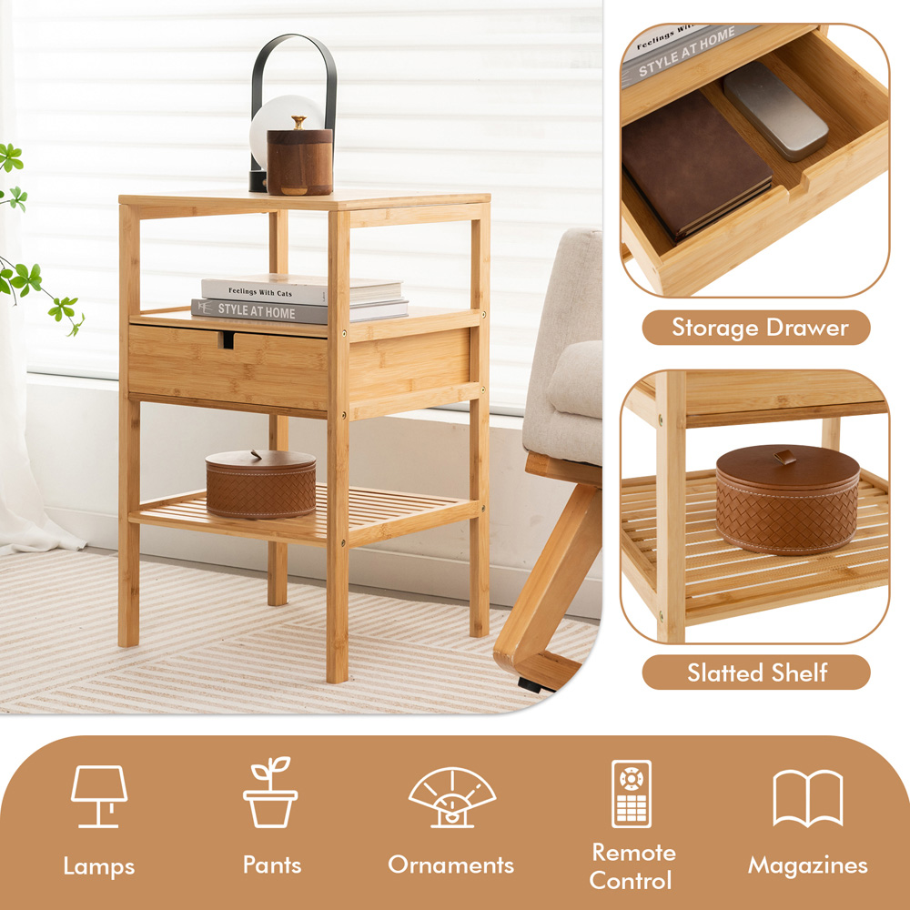 Costway Single Drawer 2 Shelf Natural Bamboo Nightstand Image 6