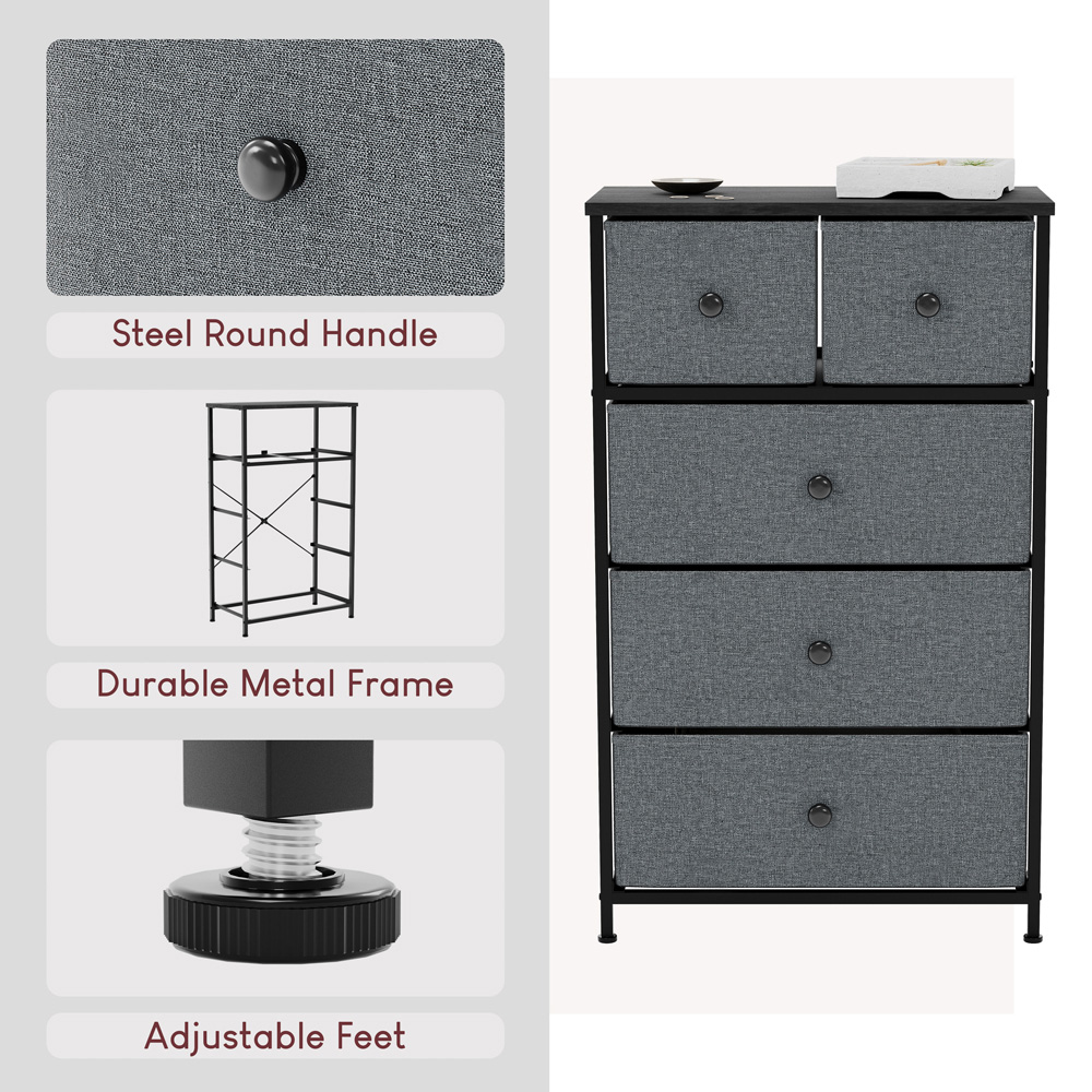 Vida Designs Chorley 5 Drawer Grey and Black Fabric Chest of Drawer Image 5