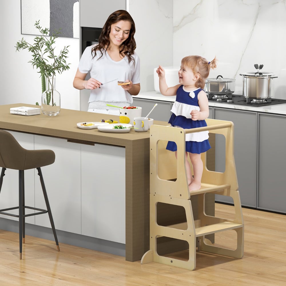 Costway Toddler Natural Foldable Kitchen Step Stool with Chalkboard Image 5