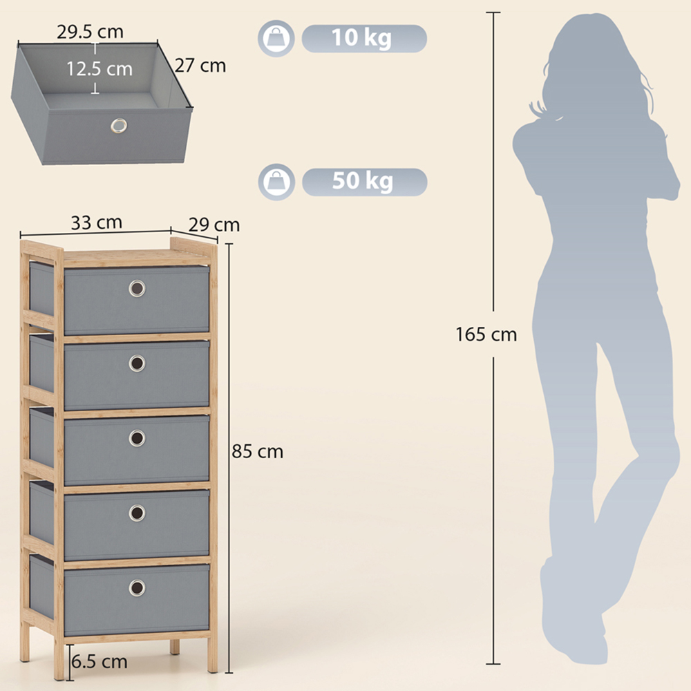 Portland 5 Fabric Drawer Light Grey Bamboo Frame Chest of Drawers Image 9