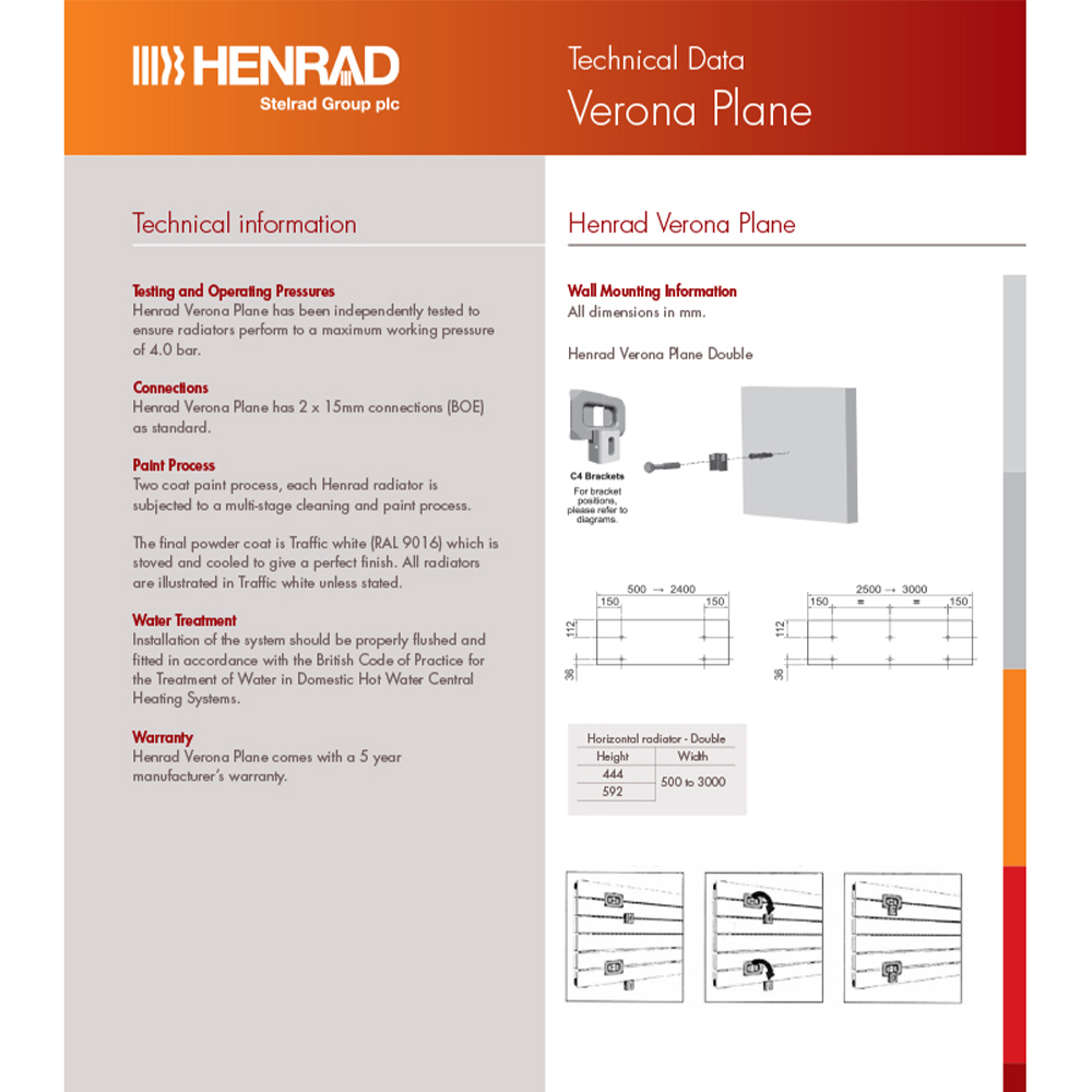Henrad Verona White Plane Single Radiator 440 x 1000mm Image 4