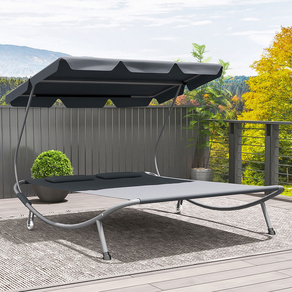 Outsunny 2 Seater Grey Hammock Sun Lounger with Canopy and 2 Pillows Image 1