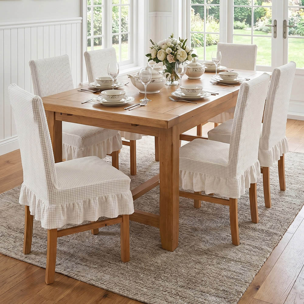 Living and Home Beige Dining Chair Cover with Ruffled Skirt and Fabric Tie Set of 2 Image 8