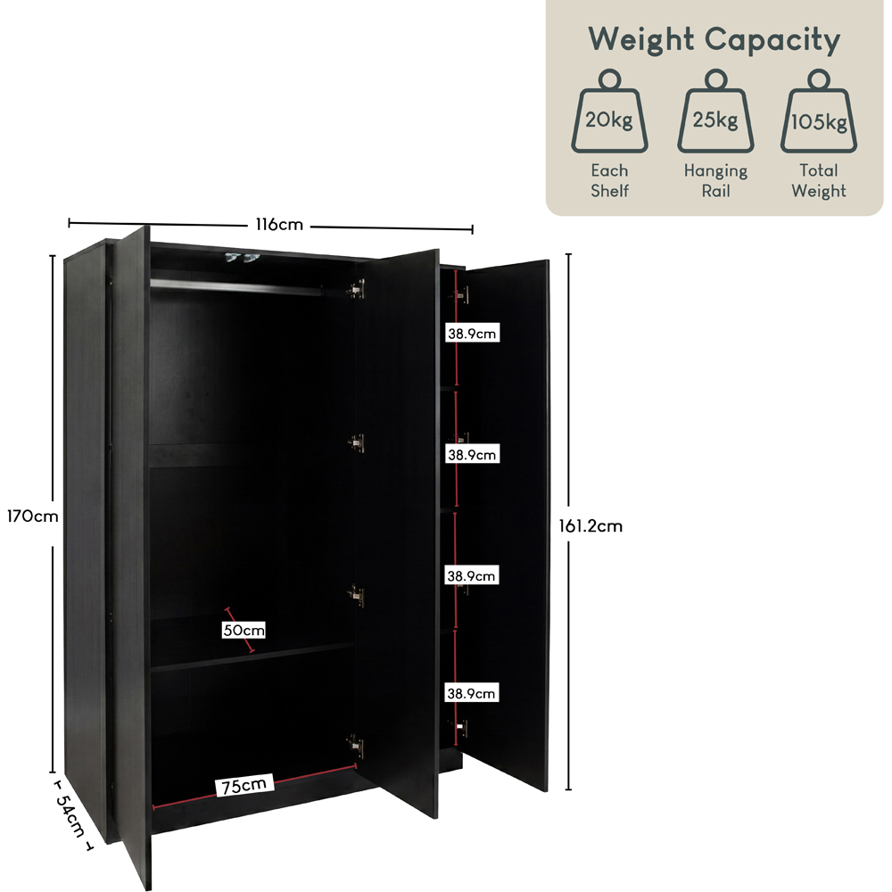 VIDA DESIGNS Denver 3 Door Black Mirrored Wardrobe Image 8
