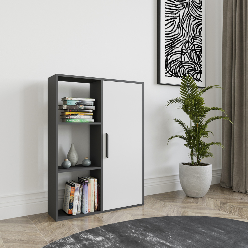 Decorotika Patrick Single Door 3 Shelf Anthracite and White Bookcase Image 3