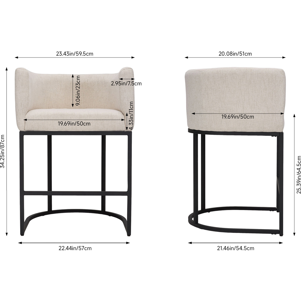 Living and Home Beige Chenille Bar Stool with Armrest Set of 2 Image 9