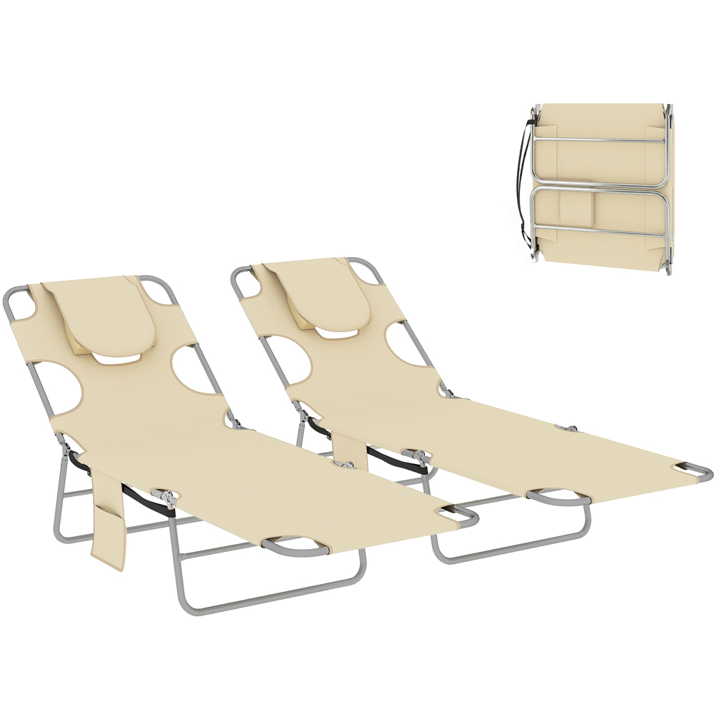 Outsunny Set of 2 Biege Folding Garden Sun Lounger with Reading Hole Image 2