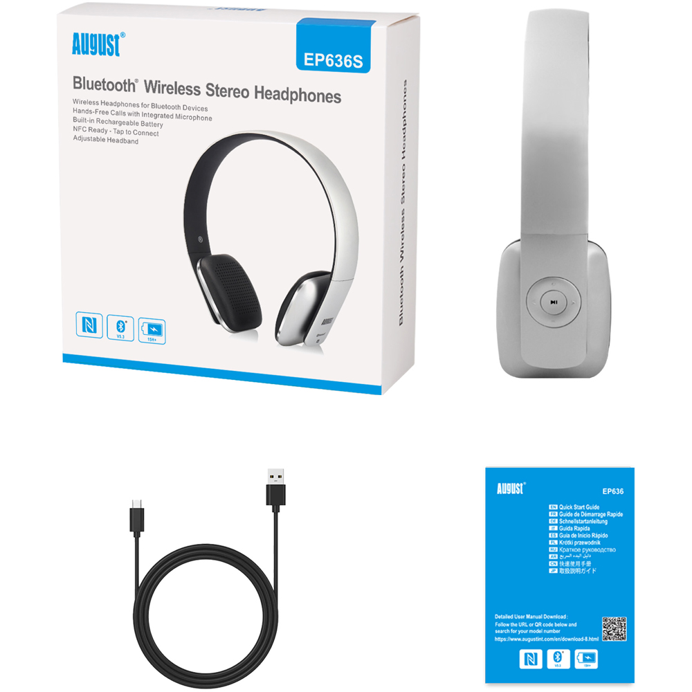 August EP636S Silver Wireless Rechargeable On-Ear NFC Bluetooth Headphones with Mic Image 5