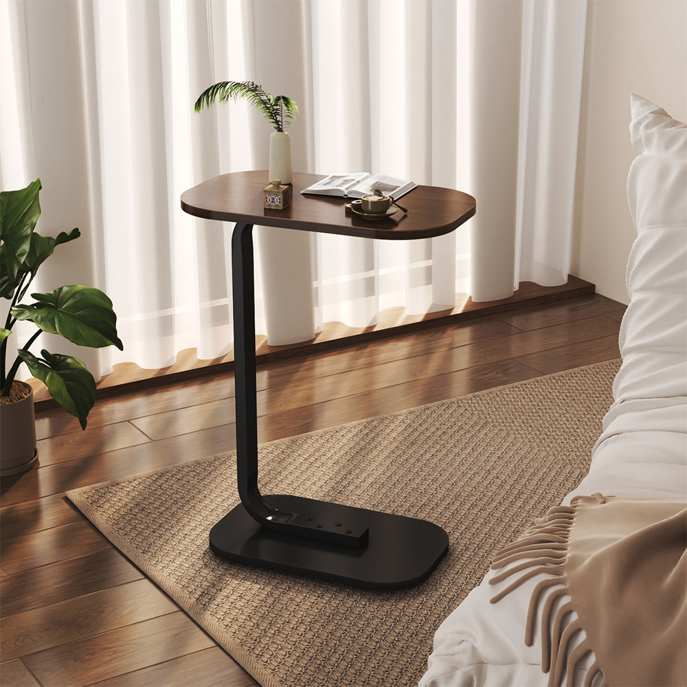 Living and Home Walnut C-Shaped Side Table with Metal Frame Image 8