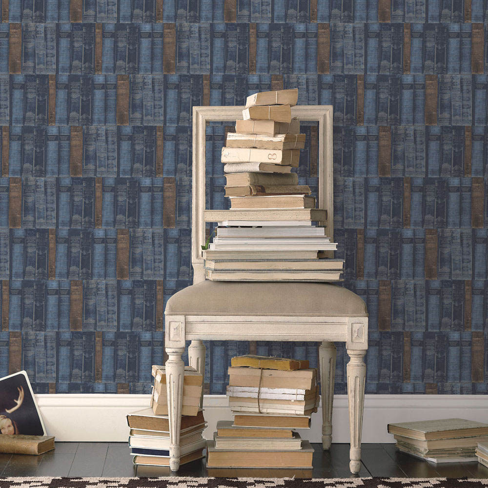 Galerie Nostalgie Library Books Blue Wallpaper Image 2