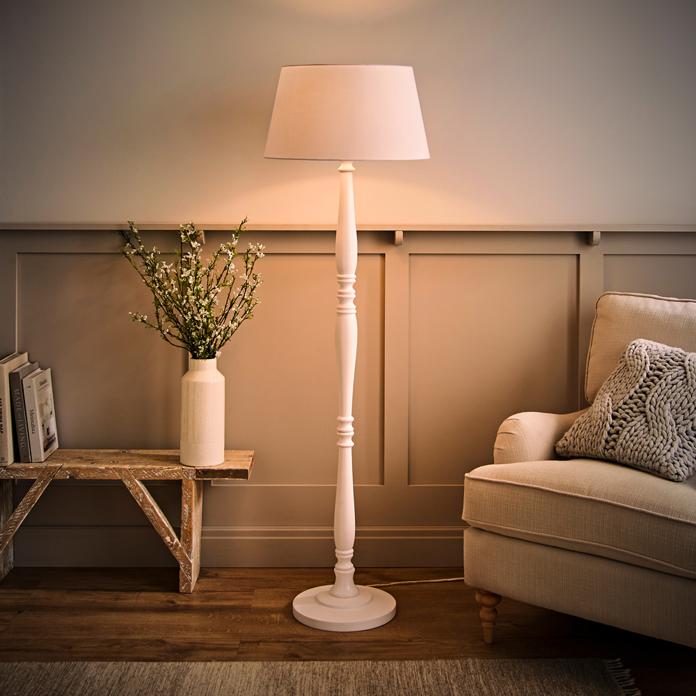 ValueLights Victoria White Fabric Tapered Shade Light Wood Traditional Stem LED Floor Lamp Image 2