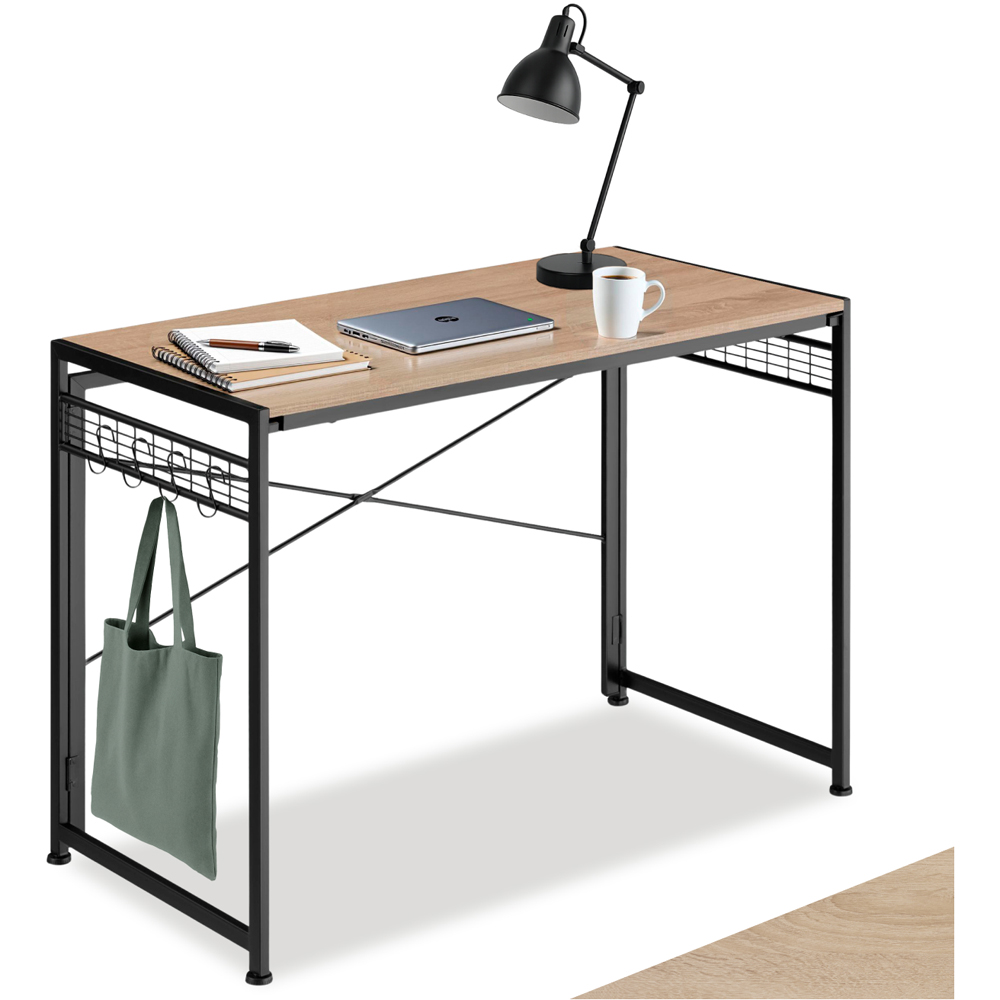 tectake Paterson Light Wood Oak Foldable Desk with 8 Storage Hooks Image 2