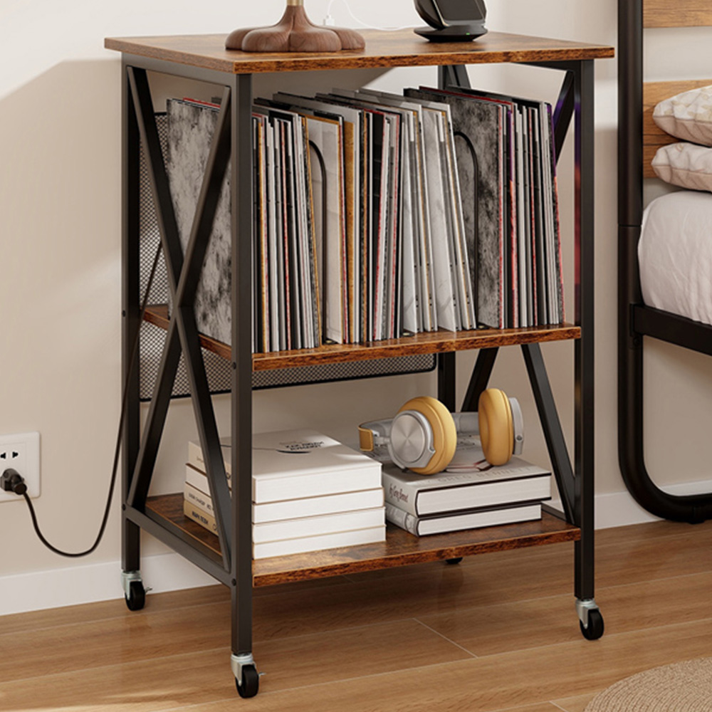 Costway 2 Shelf Rustic Brown Turntable Record Player Stand with Charging Station and Divider Image 1