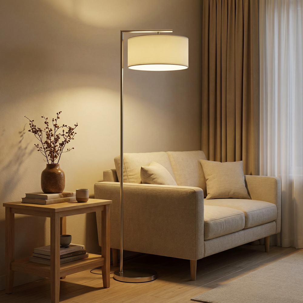 Portland White Linen Shade Silver Tone Pole LED Floor Lamp Image 3