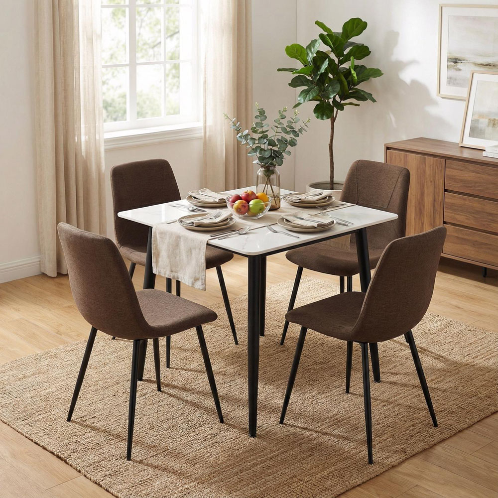 FWStyle Esme Set of 4 Dark Brown and Black Linen Upholstered Steel Frame Dining Chair Image 5