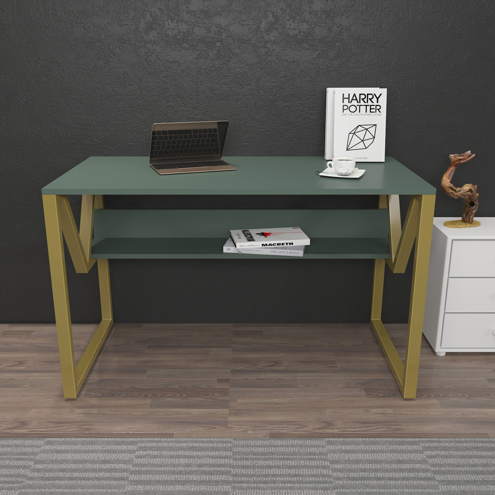 Decorotika Lona Single Shelf Study and Writing Desk Green and Gold Image 5