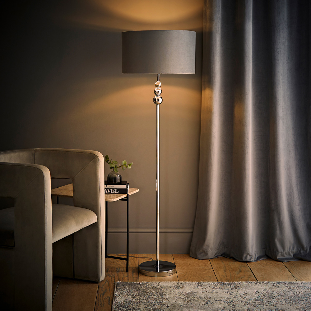 ValueLight Marissa Grey Velvet Chrome Inner Shade Chrome Stacked Ball LED Floor Lamp Image 6