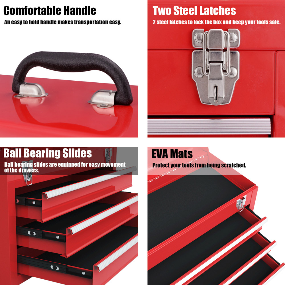 Costway 3 Drawer Red Portable Steel Tool Box with Top Storage Tray Image 8