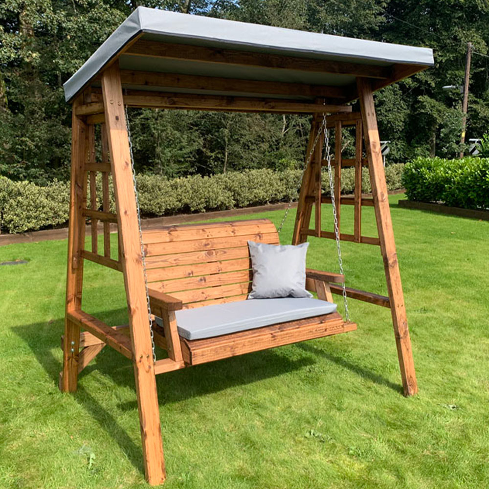 Charles Taylor Dorset 2 Seater Swing with Grey Cushions and Roof Cover Image 1