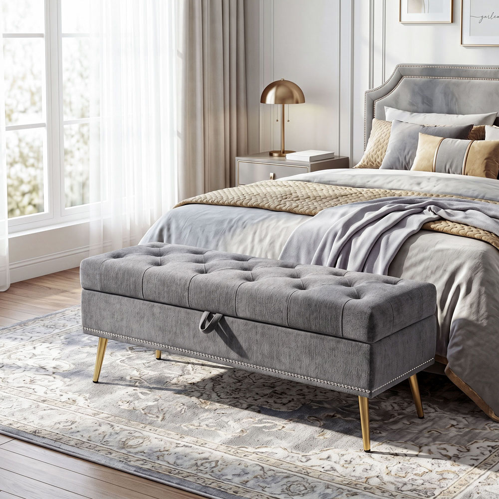 HOMCOM Grey Chenille Ottoman Storage Box Image 2