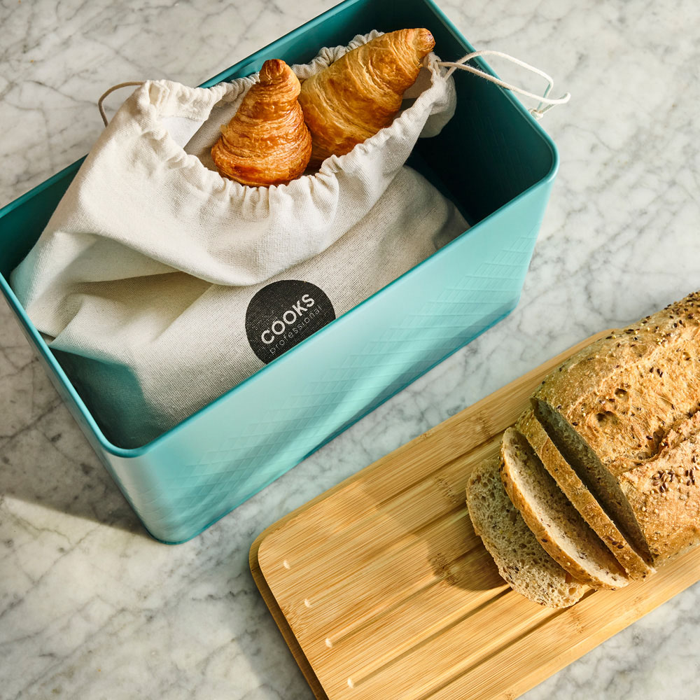 Cooks Professional Teal Diamond Pattern Bread Bin with Linen Bag and Bamboo Lid Image 7