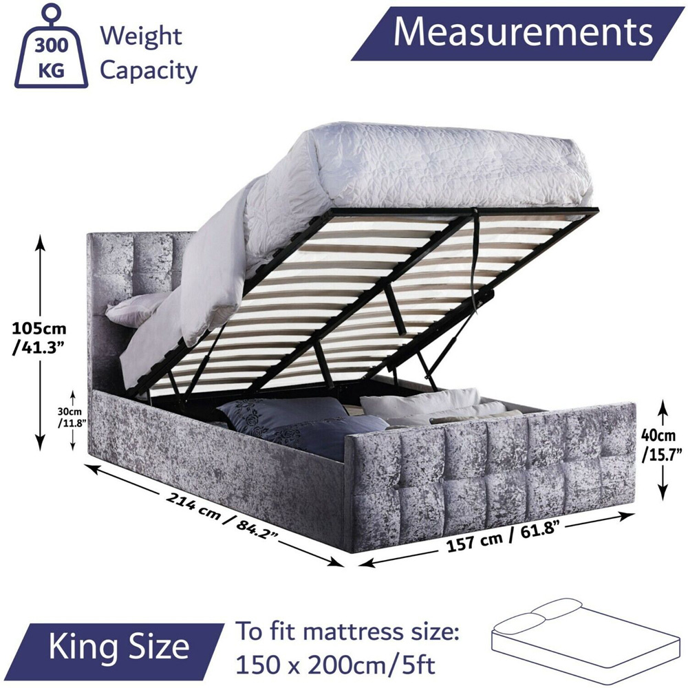 Home Treats King Size Grey Crushed Velvet Ottoman Storage Bed with Mattress Image 9