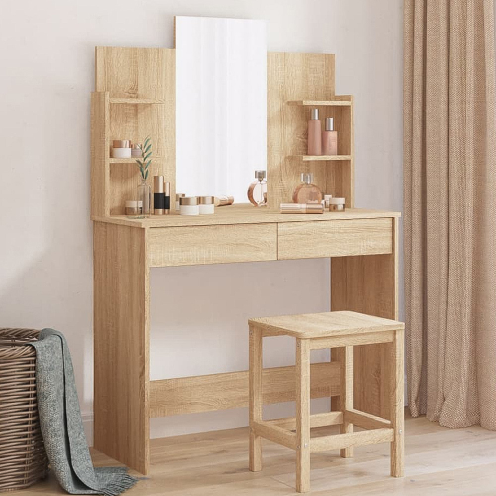 vidaXL 2 Drawer 4 Shelf Sonoma Oak Dressing Table with Mirror Image 1