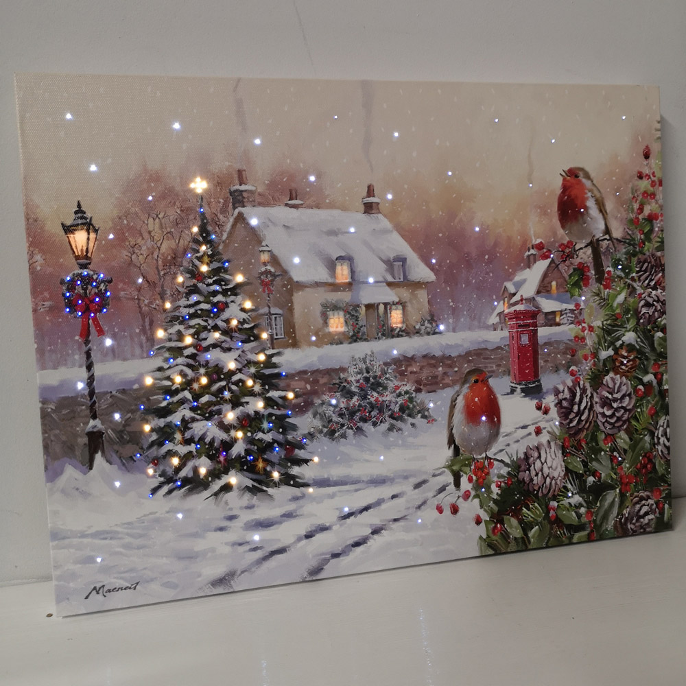 Samuel Alexander Christmas Scene With Robins Light Up Wall Art 30 x 40cm Image 2
