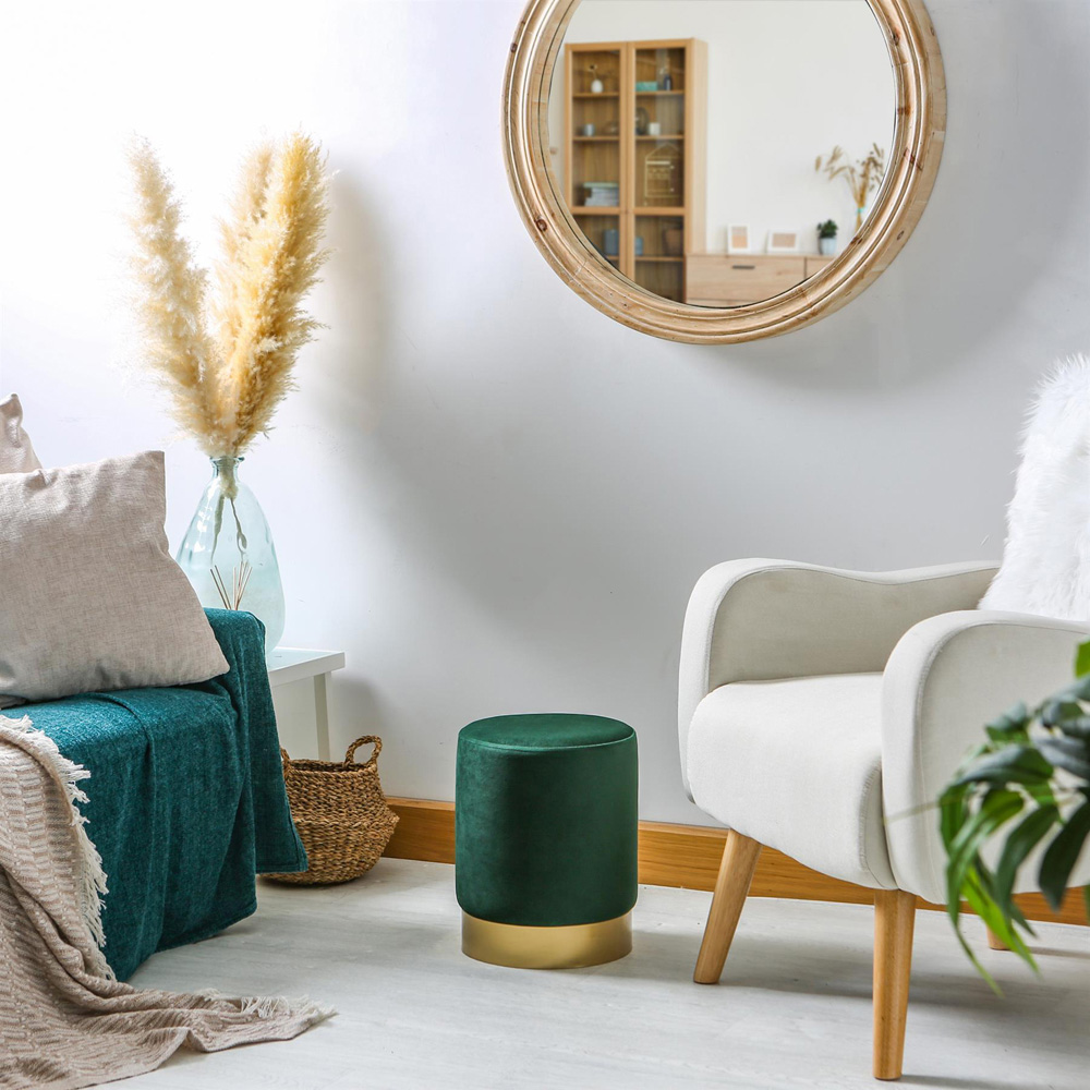 Harbour Housewares Green Velvet Round Pouffe Image 3