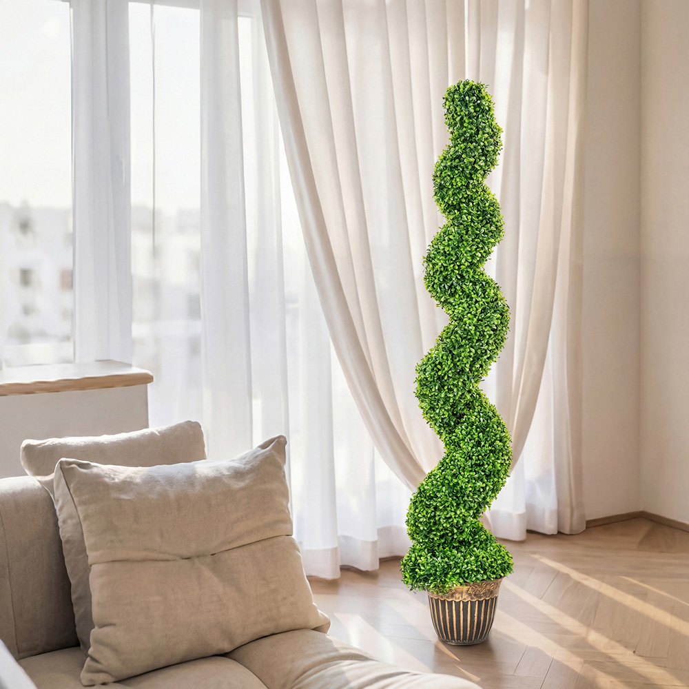 HOMCOM Artificial Potted Topiary Spiral Boxwood Tree Set of 2 Image 3