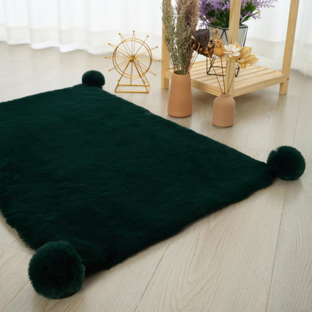 Luxury Rabbit Fur Pom Rug - Emerald Image 3