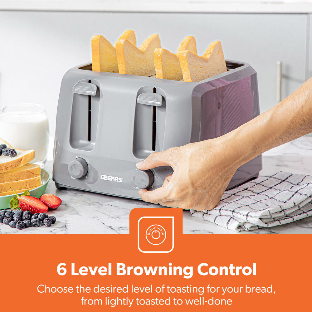 Geepas GBT36549UK-GR Grey 4 Slice Toaster 1400W Image 4