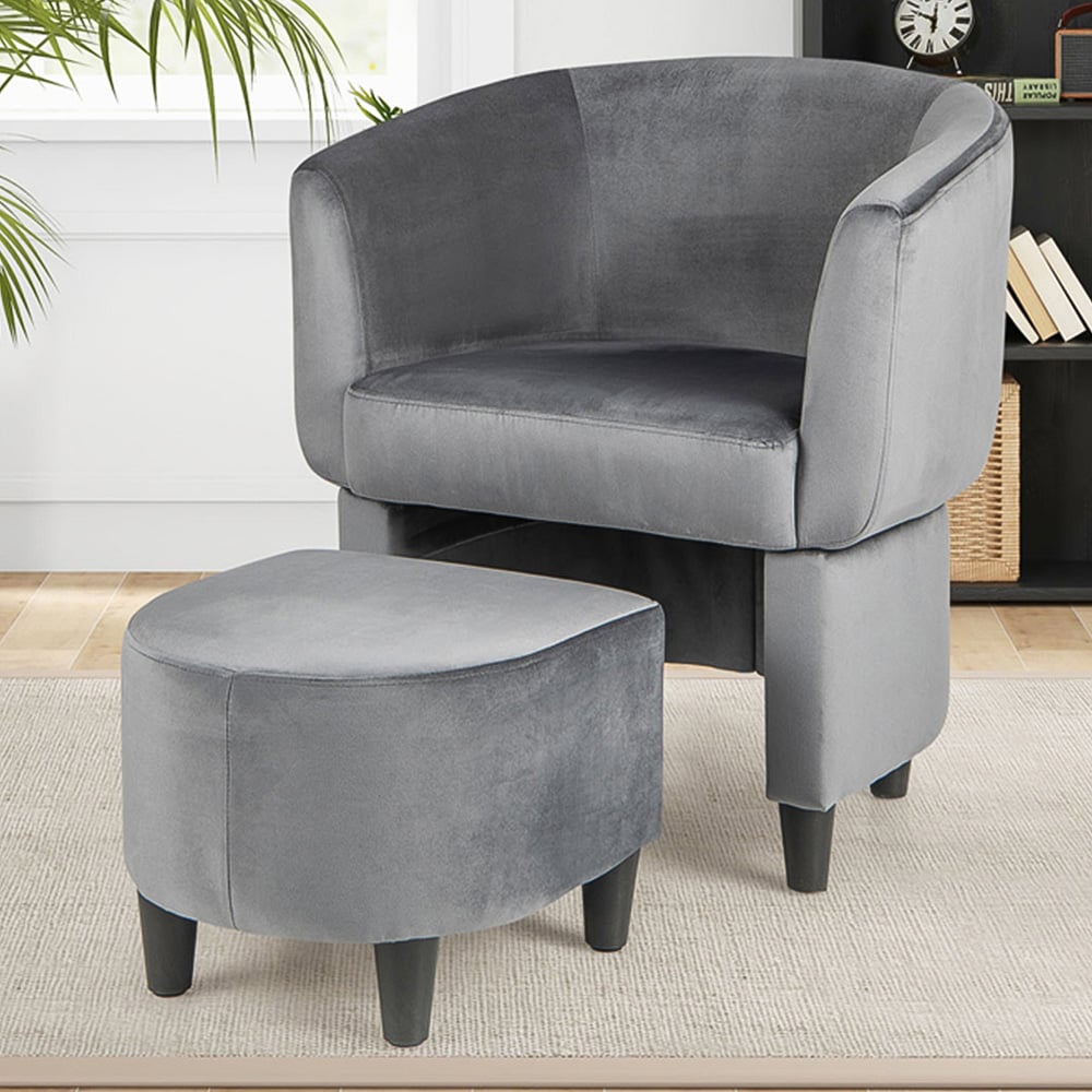 Costway Grey Upholstered Velvet Armchair with Ottoman Image 1