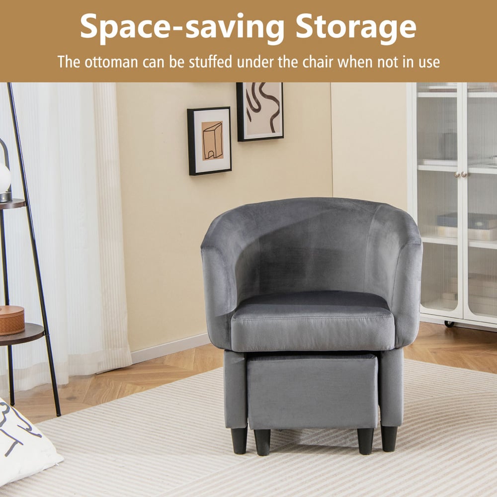 Costway Grey Upholstered Velvet Armchair with Ottoman Image 5