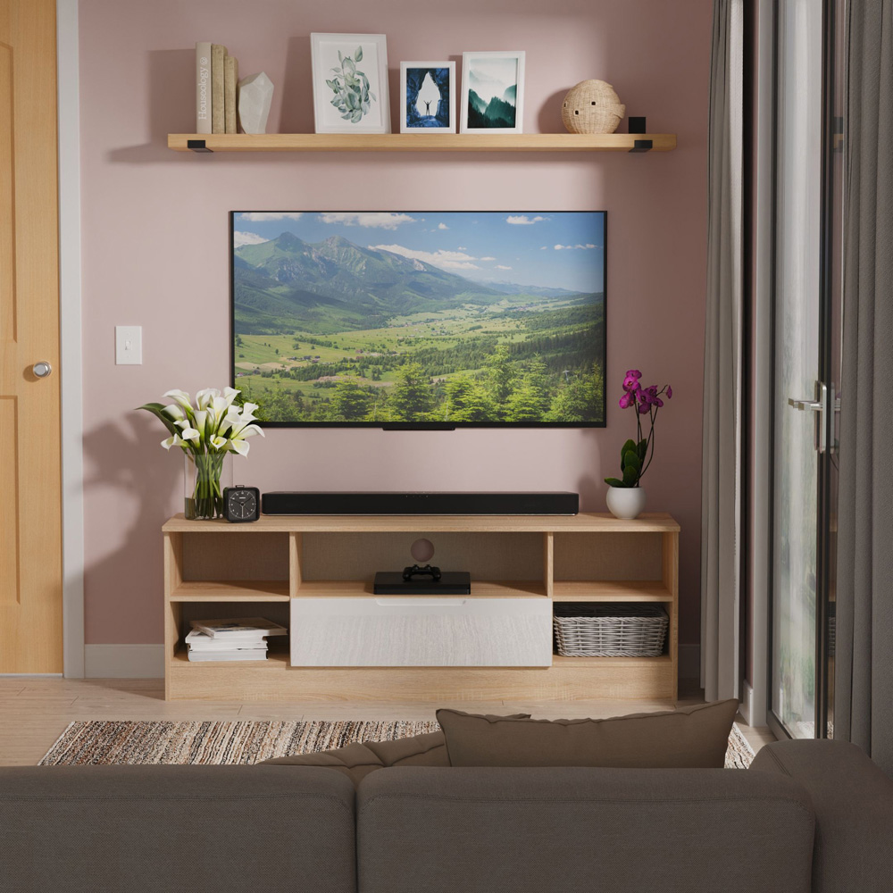 Crowndale Milan Single Drawer 5 Shelf White Gloss and Bardolino Oak Wide TV Unit Ready Assembled Image 7