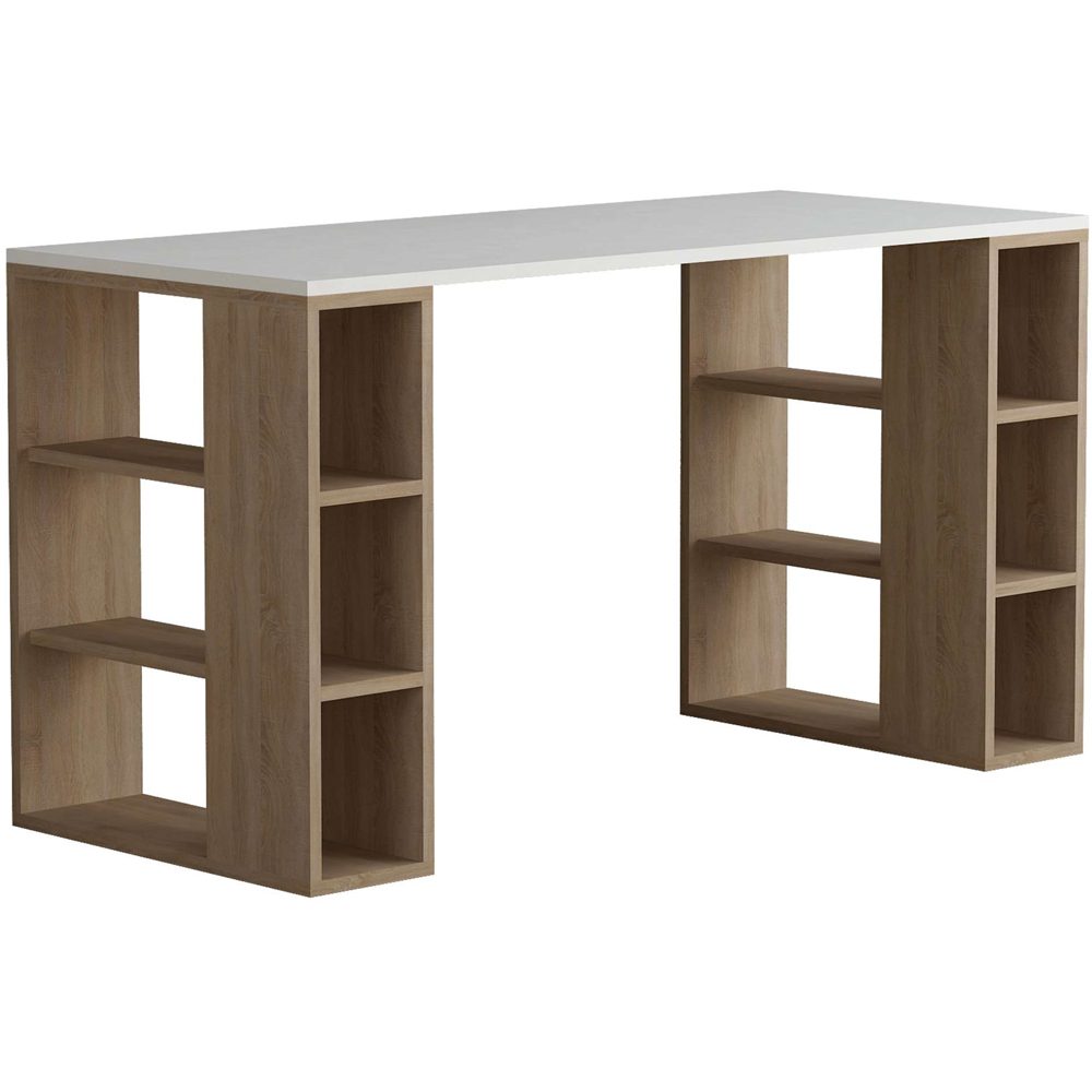 Decortie Colmar 6 Shelf Modern Desk with Bookshelf White and Oak Image 2