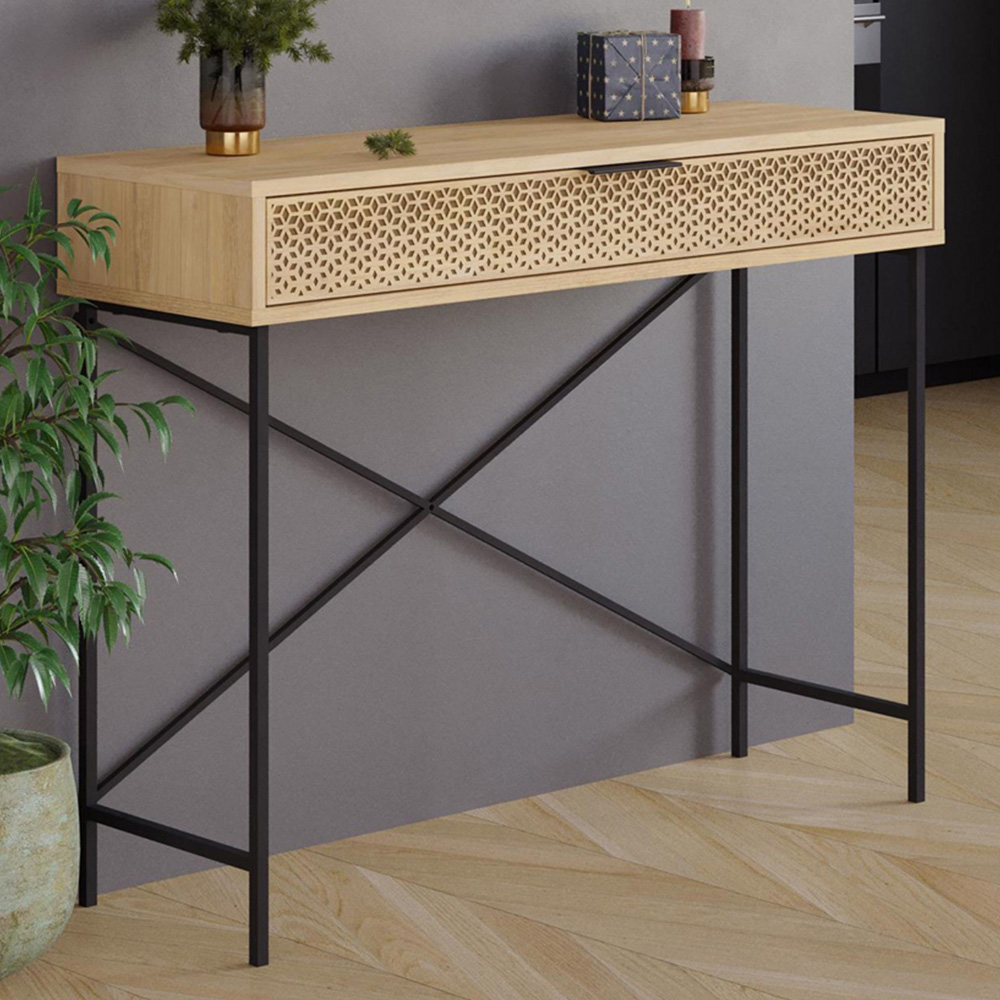 FWStyle Naive Single Drawer Sapphire Oak Laser Cut Wide Console Table Image 1