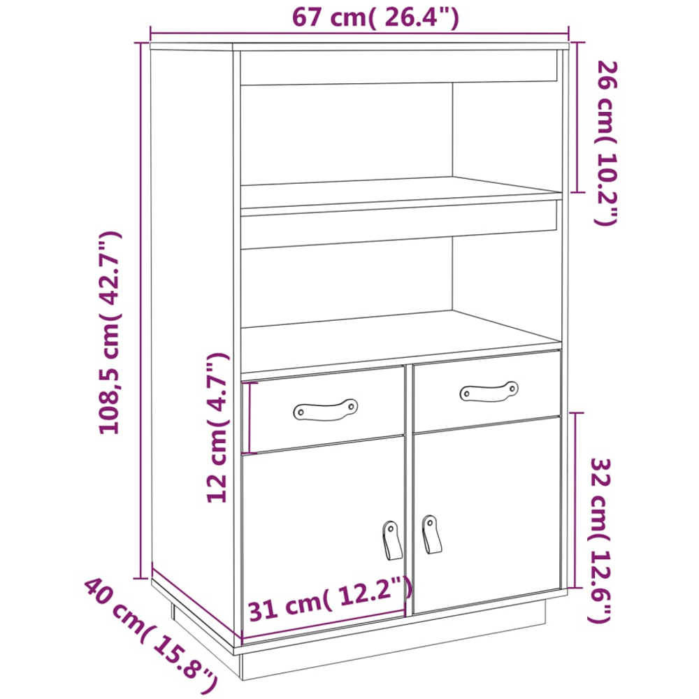 vidaXL 2 Door 2 Drawer 2 Shelf White Solid Pine Highboard Image 9