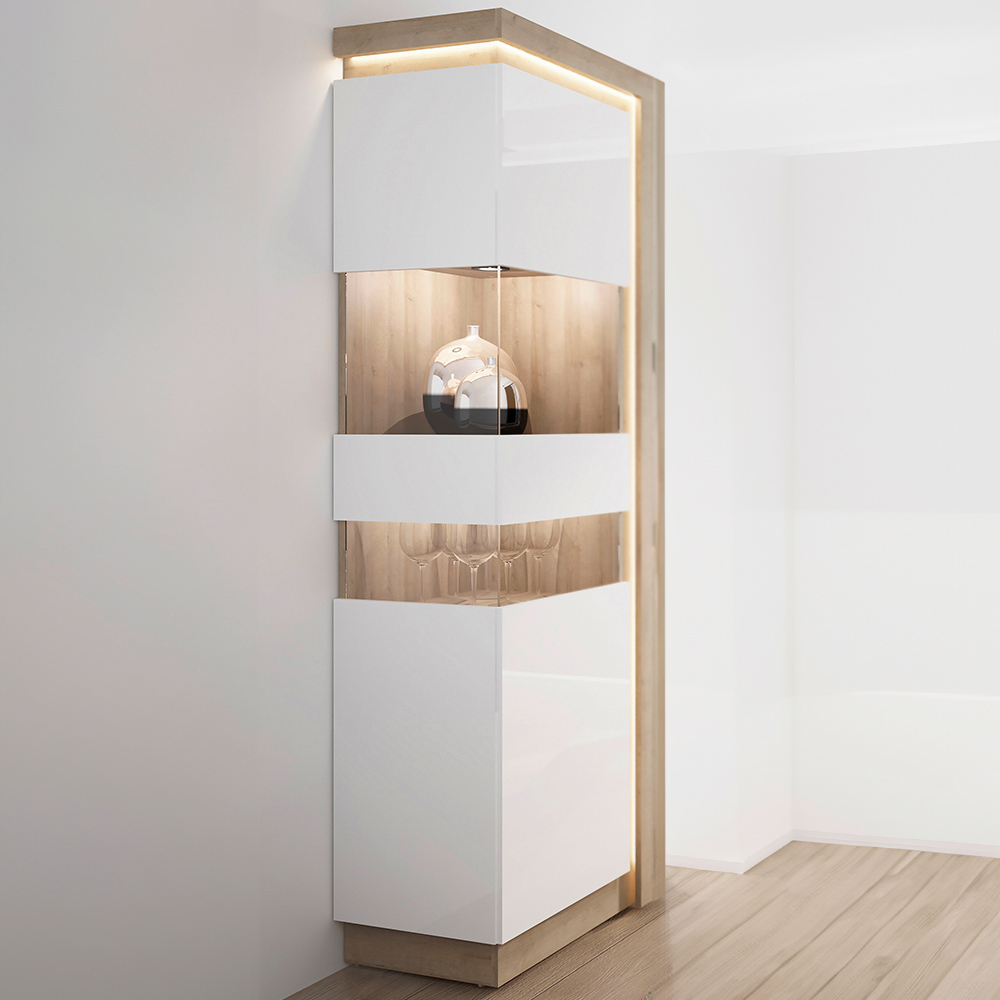 Furniture To Go Lyon Riviera Oak and White High Gloss LHD Tall Narrow Display Cabinet Image 1