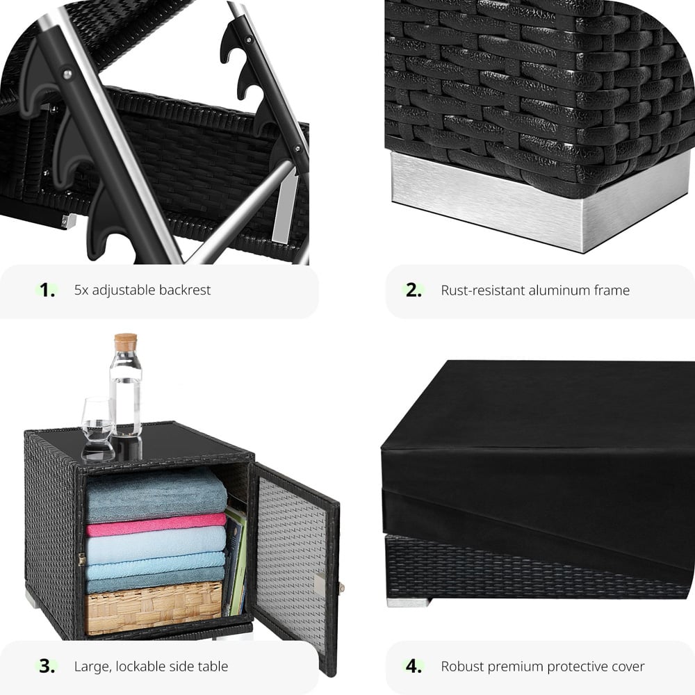 tectake Set of 2 Black Aluminium Sun Lounger with Rain Cover Image 4