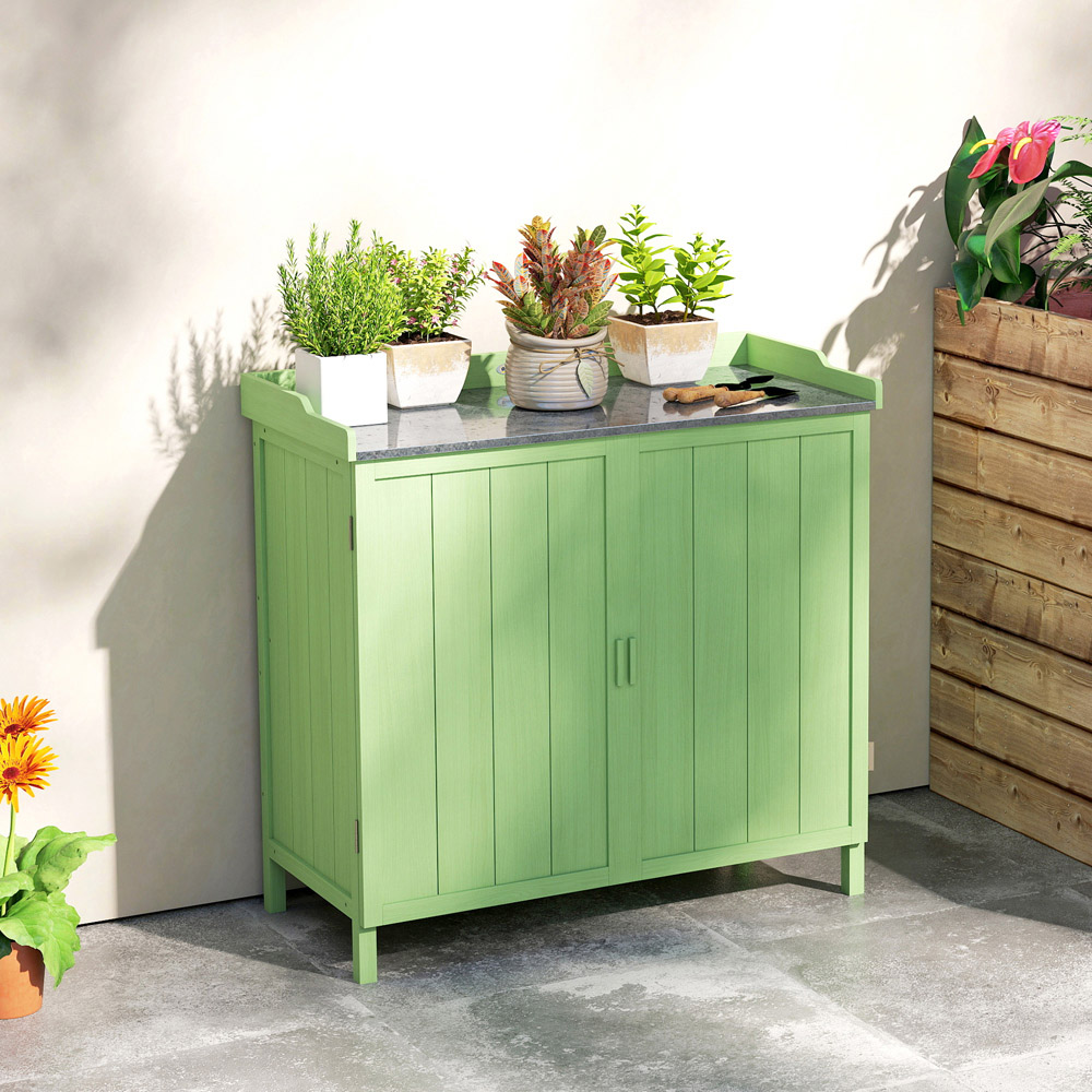Outsunny 2 Door Green Garden Storage Cabinet with Galvanised Top Image 5