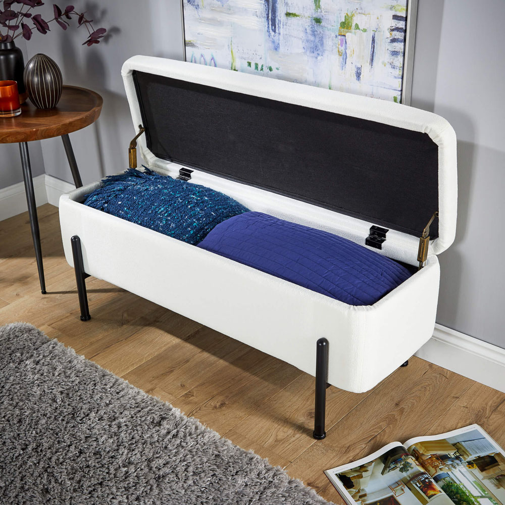 Home Source Oasis White Boucle Storage Ottoman with Metal Legs Image 5