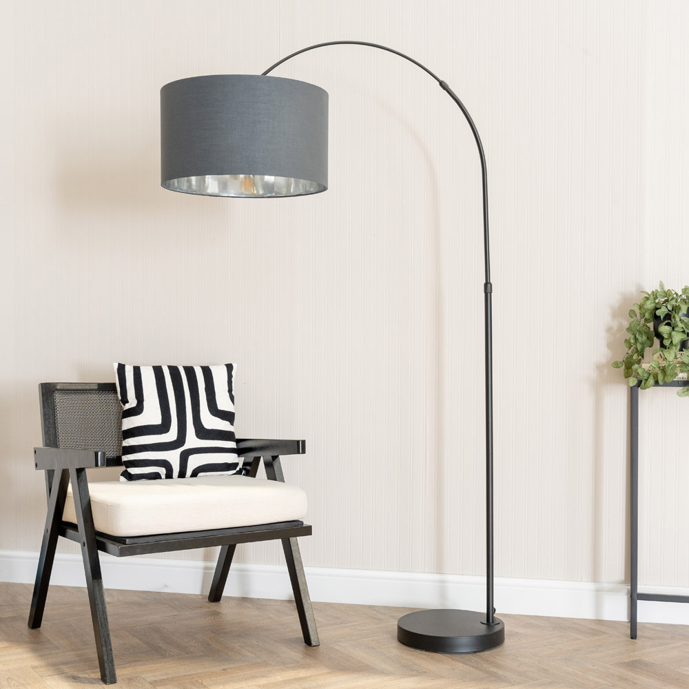 ValueLights Louis Black Arched LED Floor Lamp with Charcoal and Chrome Drum Lamp Shade Image 2