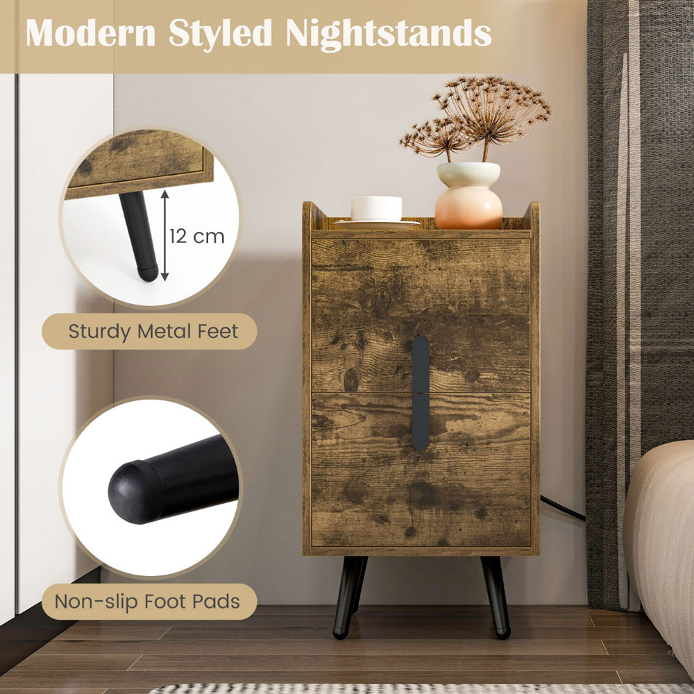 Costway 2 Drawer Single Shelf Rustic Brown Bedside Table Image 7