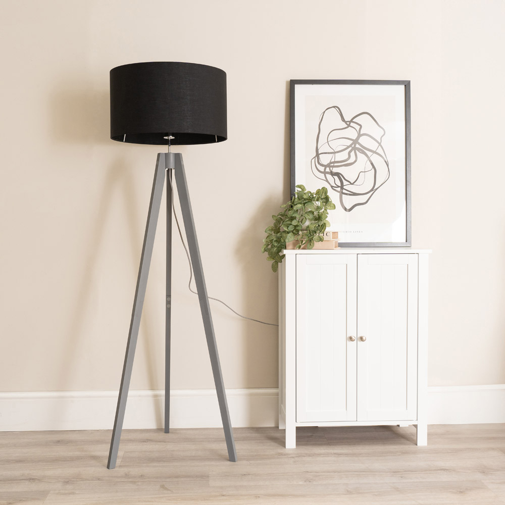 ValueLights Jackson Black Fabric Shade Grey Wood Tripod LED Floor Lamp Image 3