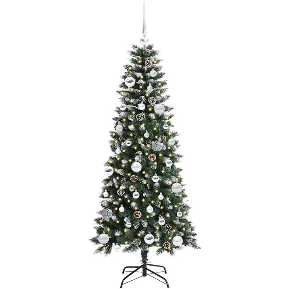 vidaXL Pre-Lit Silver Baubles Green Artificial Snow Tipped Christmas Tree 5ft Image 1
