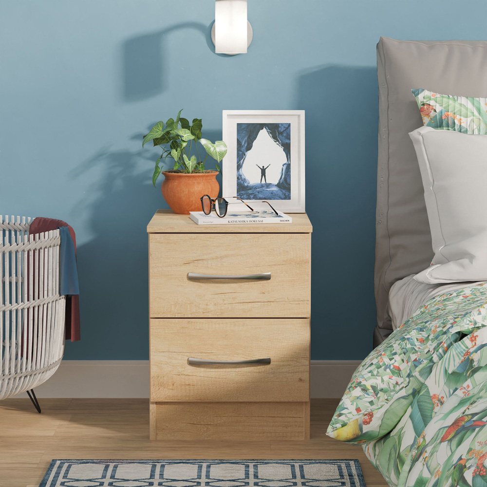 Crowndale Avon 2 Drawer Nebraska Oak Compact Bedside Cabinet Ready Assembled Image 7